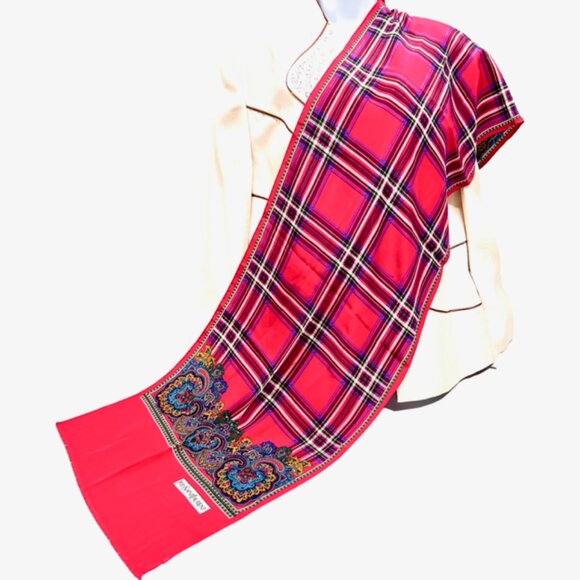 Beautiful Yves Saint Laurent YSL  Silk Satin Scarf 60"x15" Red Green Fringe (22 - Picture 9 of 9